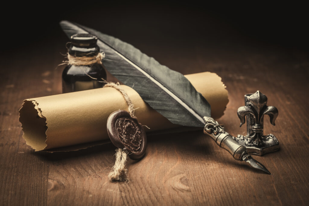 Brief mit Siegel, Feder und Tintenfass