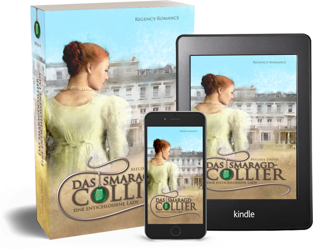 Taschenbuch und E-Book-Reader und Handy mit Cover von Eine entschlossene Lady (Das Smaragd-Collier 4)