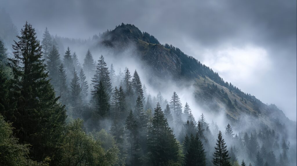 Rocky Mountains, Werwölfe, Wölfe, Wolfsrudel Berge, Wälder und Nebel, der langsam aufsteigt.