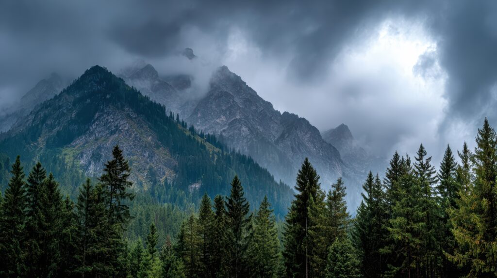 Nebelverhangene Rocky Mountains mit dichten Nadelwäldern – stimmungsvolle Landschaft als Kulisse der Werwolf-Fantasy-Reihe Shadowridge Wolves.