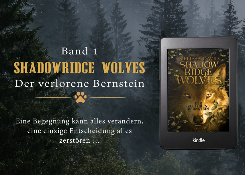 Shadowridge Wolves – Der verlorene Bernstein von Melissa David, Band 1 der Urban-Fantasy-Reihe mit Elara und Kian.